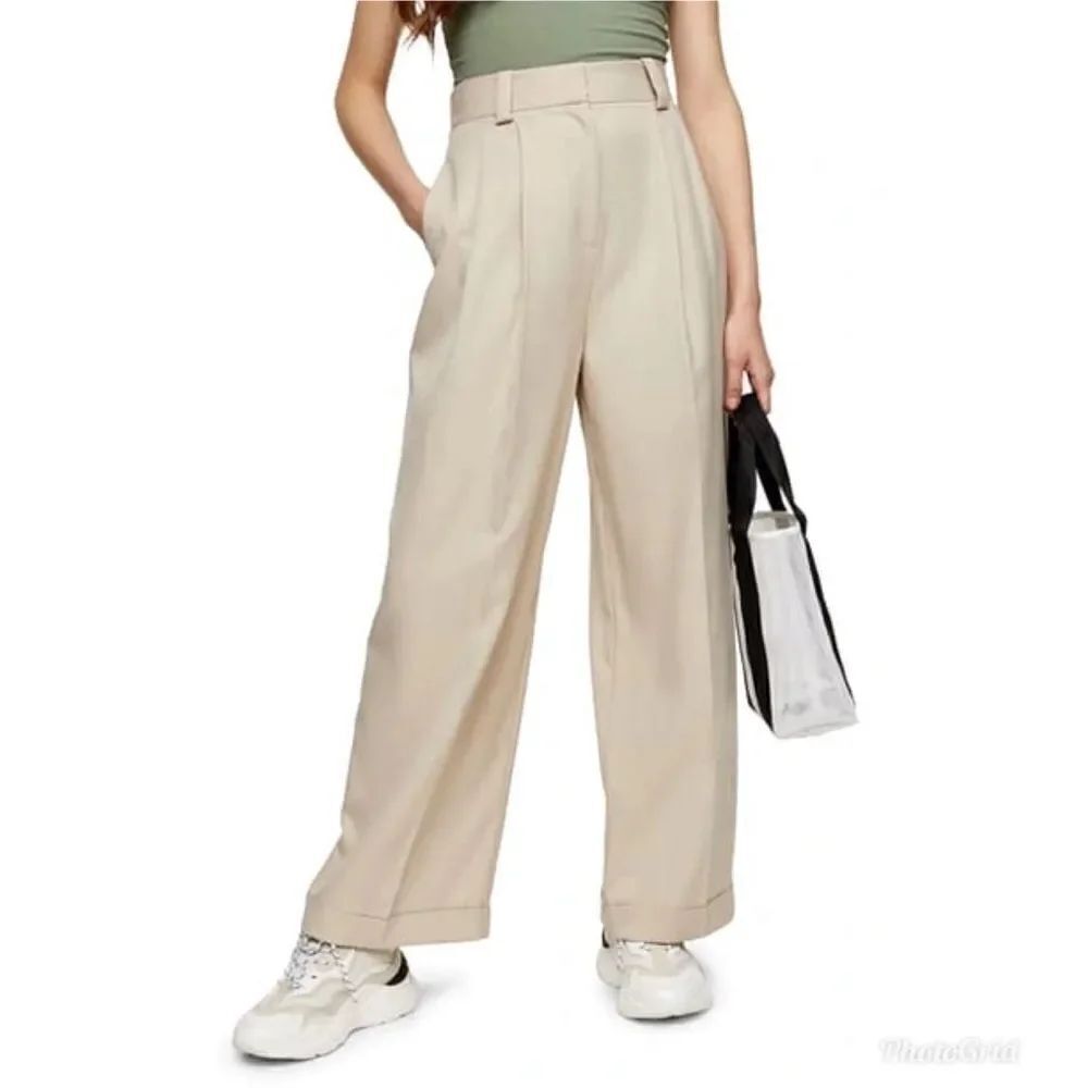 Topshop Cuffed Wide Leg Trousers In Stone